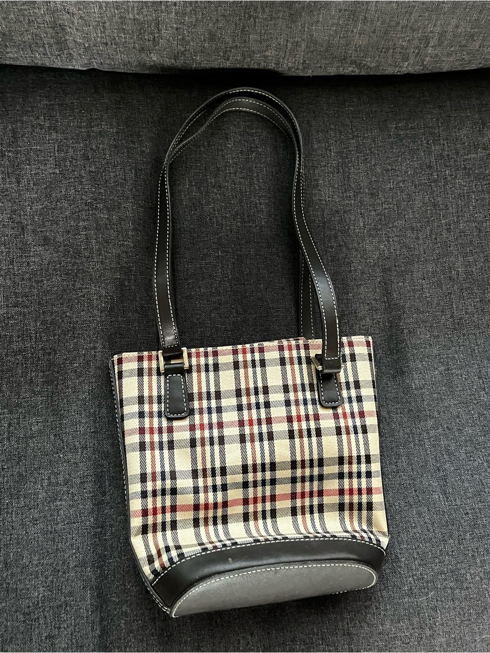 Liz Claiborne Beige Plaid Shoulder Tote with Black Trim
